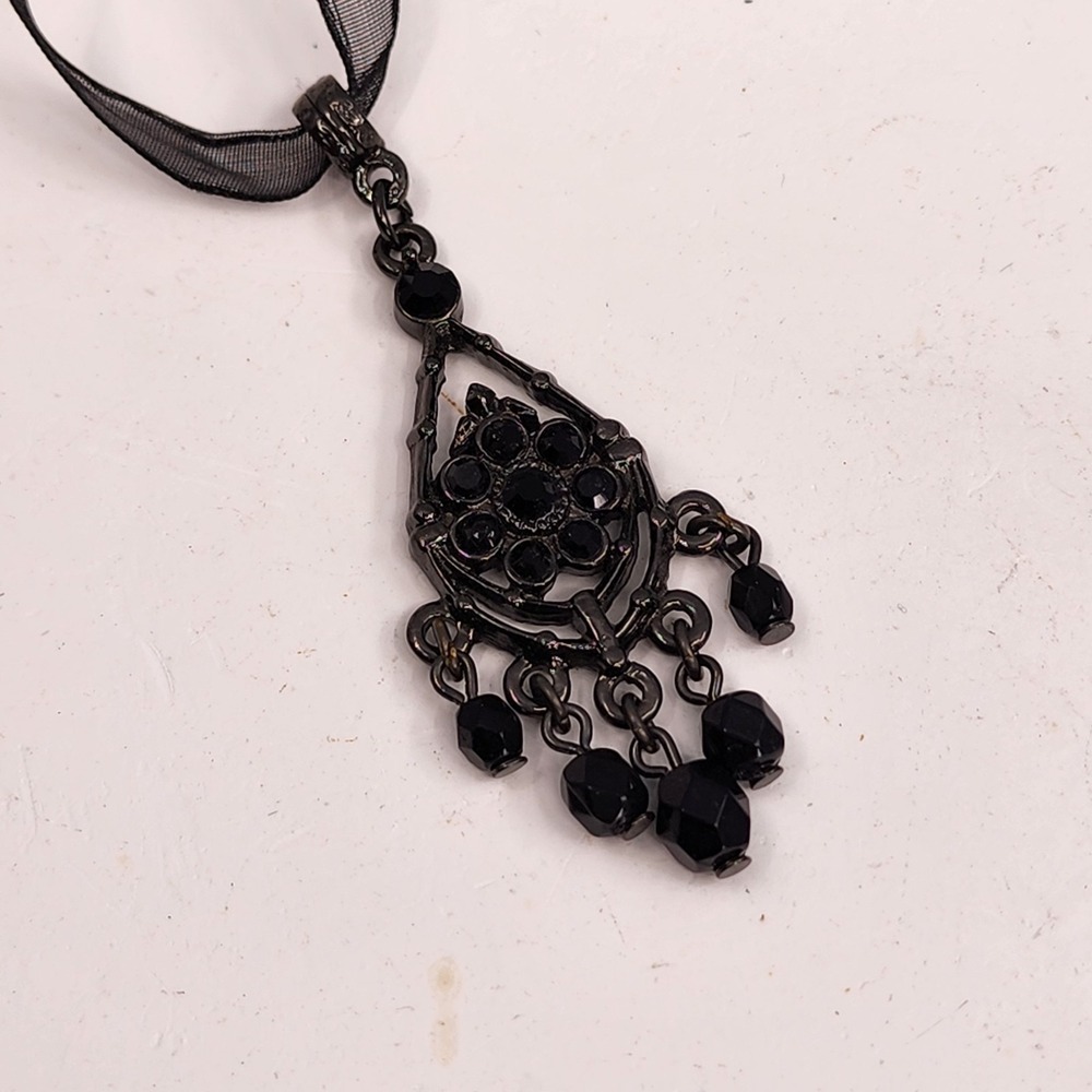 1928 Black Rhinestone Pendant Necklace Gunmetal Gothic Victorian Organza Ribbon